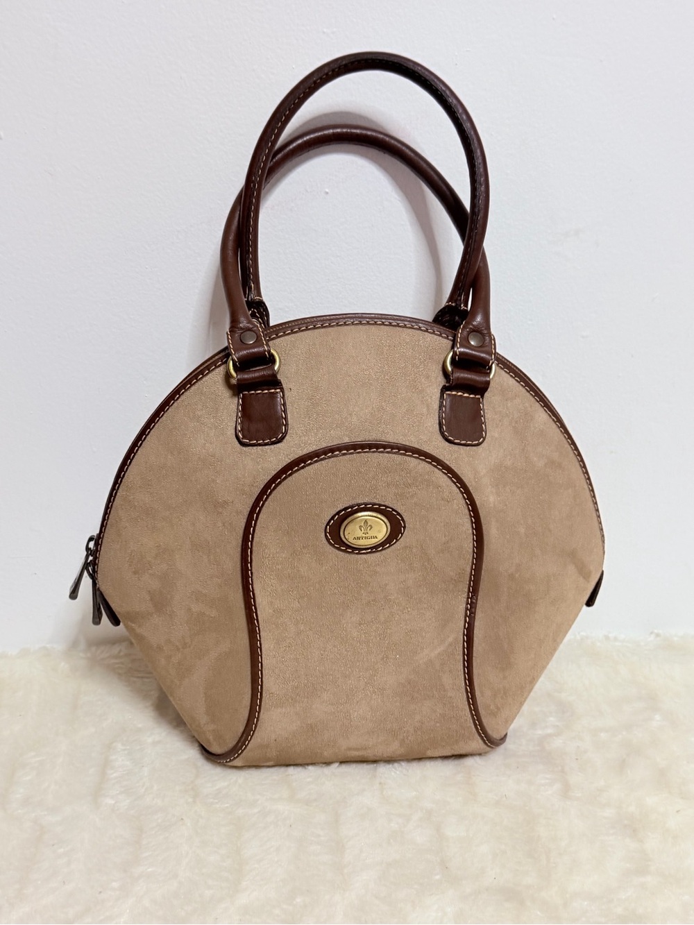 Antigua Beige Suede Dome Handbag with Brown Trim - Classic Women’s Bag